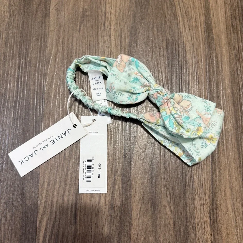 Janie and Jack Headband Kids One Size Mint Green Floral Knotted Bow Elastic NWT